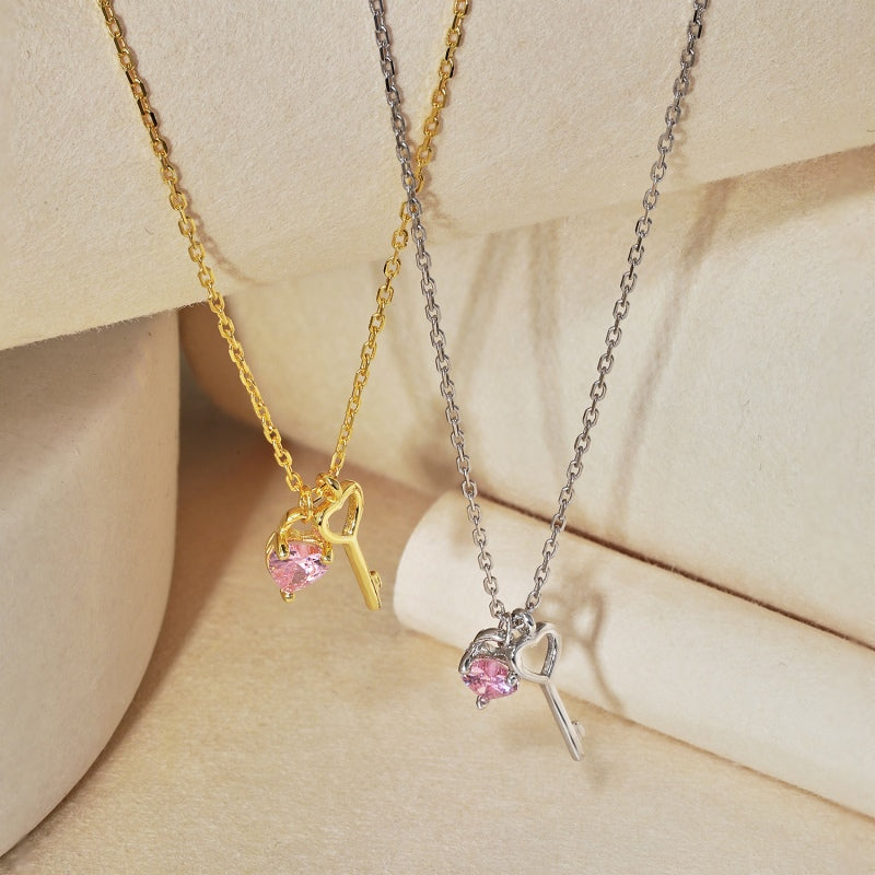 Dainty Pink Heart Key 925 Silver Necklace